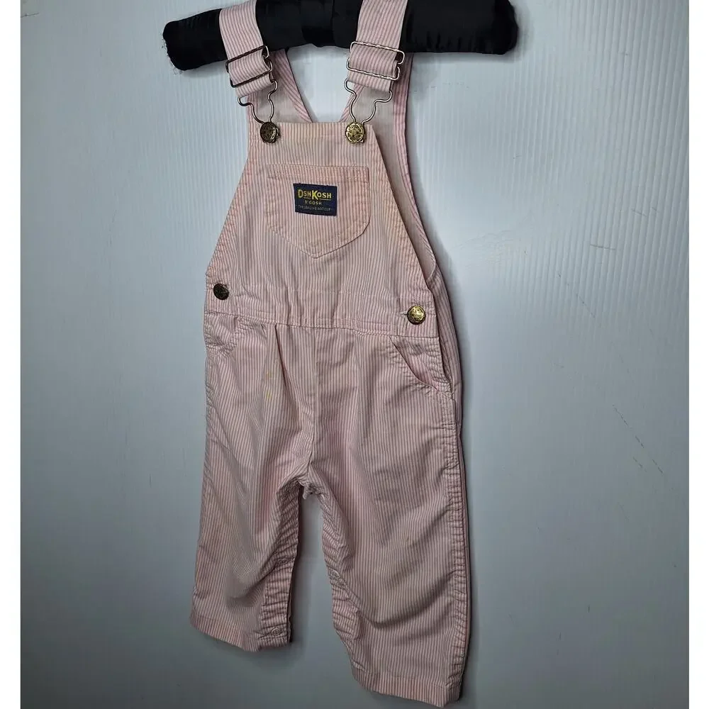 Vintage OshKosh B'Gosh Vestbak Bib Overalls Girls Pink White Stripe USA 24 mo